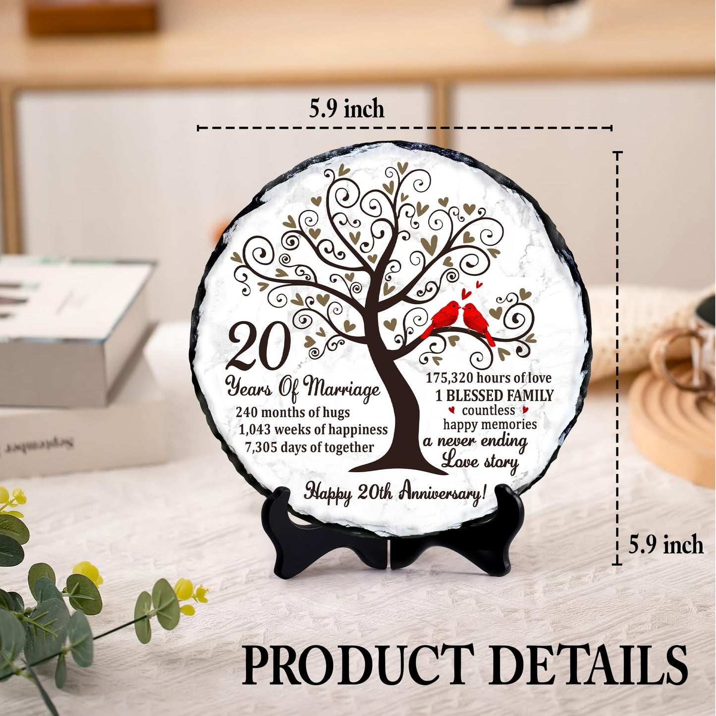 Bozspacer China Anniversary Slate Plate – 20th Anniversary Wedding Gifts for Couples, Husband, Wife or Parents – Elegant Slate Keepsake to Celebrate 20 Years of Marriage