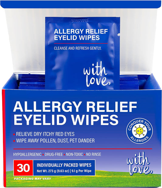 Allergy Eye Wipes for Dry Itchy Red Eyes 30 Count | Drug Free Eye Wipes for Pollen Pets & Seasonal Allergies | Hyaluronic Acid, Chamomile & Aloe | Individually Wrapped Sensitive Eye Cleansing Wipe