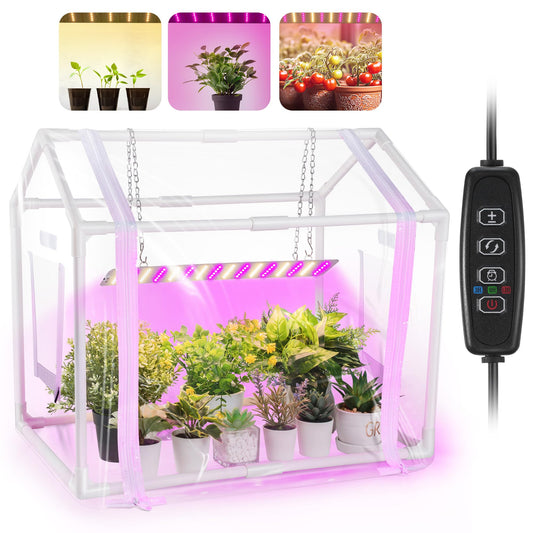 Meonum Mini Greenhouse for Indoor Outdoor, Portable Green House with 15W Plant Dimmable LED Grow Lights, Timer, 3 Light Color Mode for Indoor Outdoor Seed Starter Tray(23.6"x15.7"x19.6")