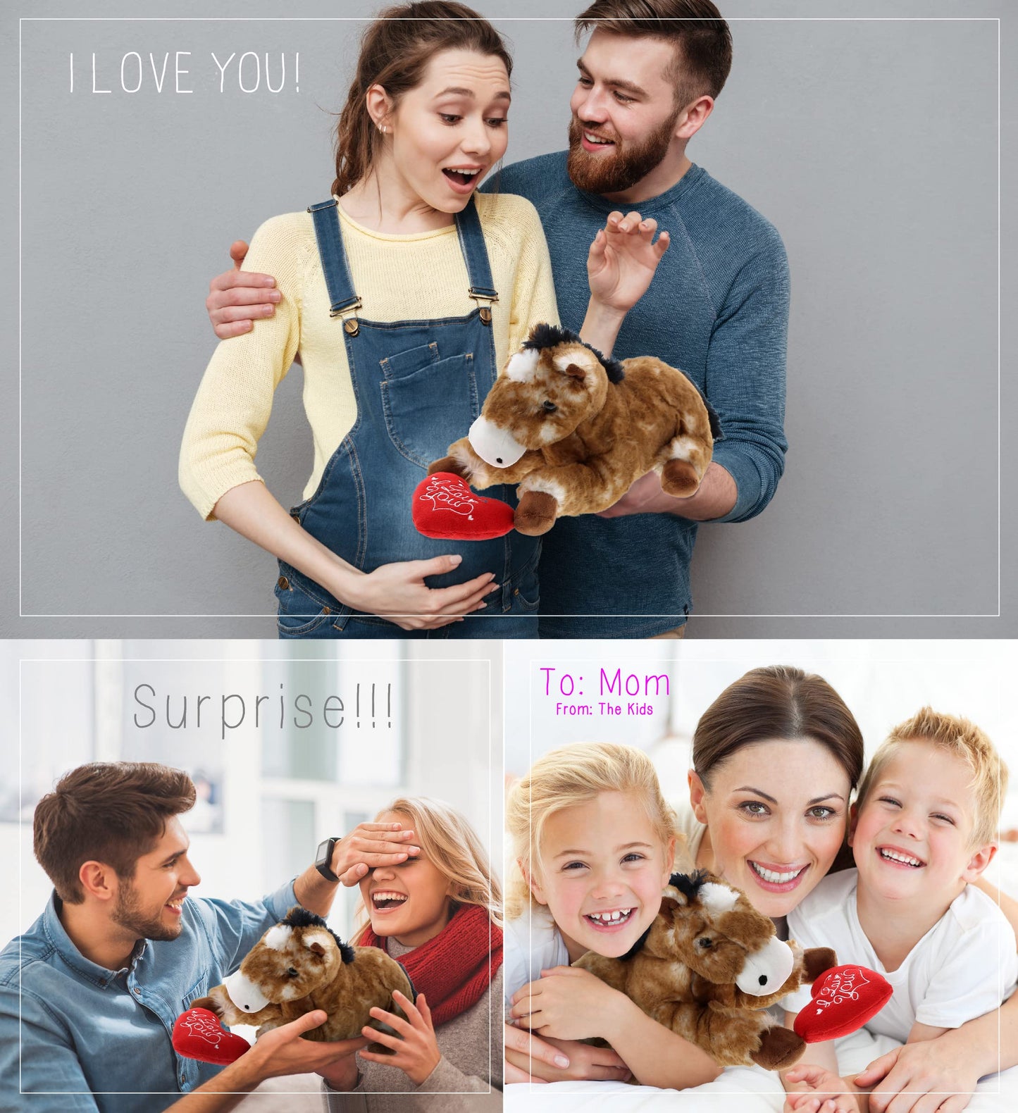 DolliBu I Love You Valentine Plush Lying Brown Horse - Cute Stuffed Animal with Red Heart and Name Personalization Gift for Valentines Day, Birthday, Anniversary, Romantic Date - 10.5 Inches