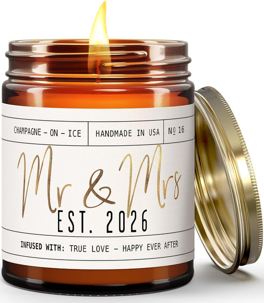 Wedding Gifts for Couples 2026, Bridal Shower Gifts from Bride - 'Mr and Mrs Est. 2026 Candle, w/Champagne on Ice I Wedding Shower for Newlyweds I 50Hr Burn, USA Made