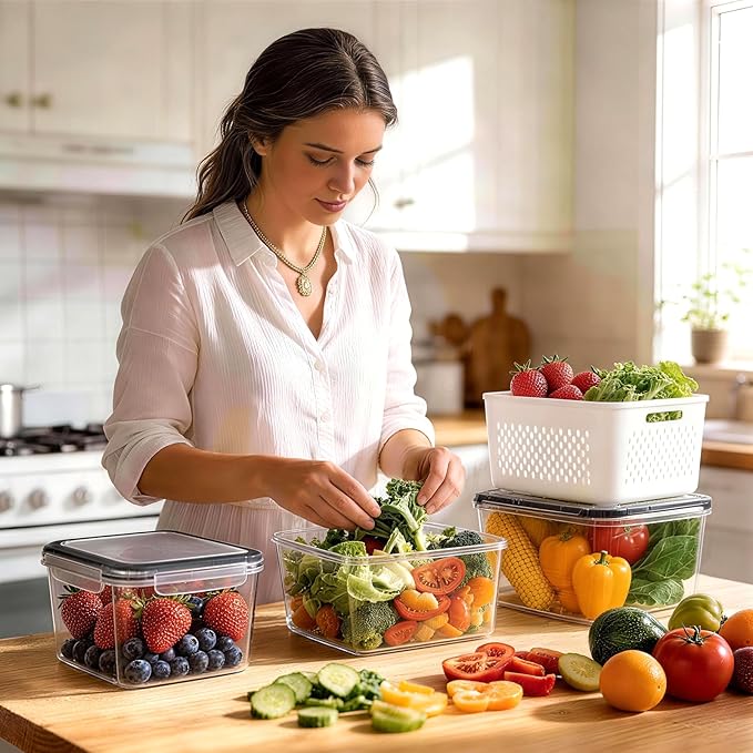 HOMETALL 8 Pack Fruit Storage Containers for Fridge, Fridge Organizers and Storage with Colander, Dishwasher & Microwave Safe Produce Containers Keep Fruits, Vegetables, Berry, Meat Fresh Longer