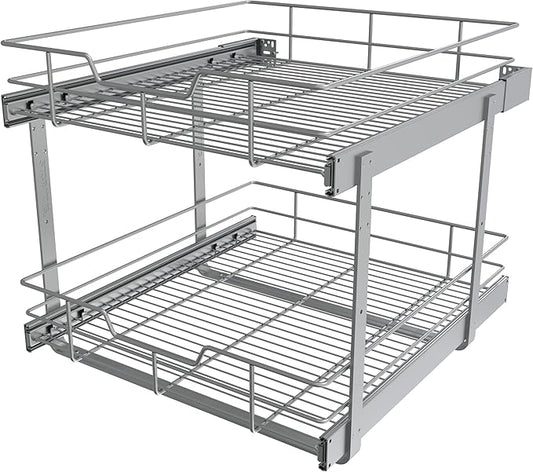 2 Tier Pull Out Cabinet Organizer 20" W X 22" D, Slide Out Drawers For Kitchen Cabinets, Pull Out Drawers For Cabinets Capacity Heavy Duty Caddy, Cabinet Pullout Shelves Chrome-Plated,Bathroom Pantry