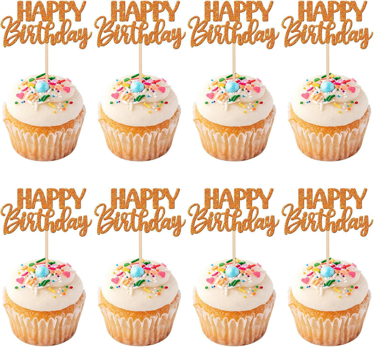 30 PCS Happy Birthday Cupcake Toppers Glitter Happy Birthday Cupcake Picks for Celebrating Birthday Anniversary Theme Party Cake Decorations Supplies Orange