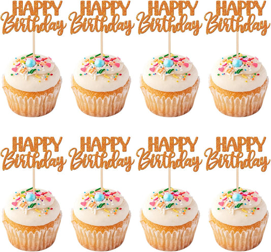 30 PCS Happy Birthday Cupcake Toppers Glitter Happy Birthday Cupcake Picks for Celebrating Birthday Anniversary Theme Party Cake Decorations Supplies Orange