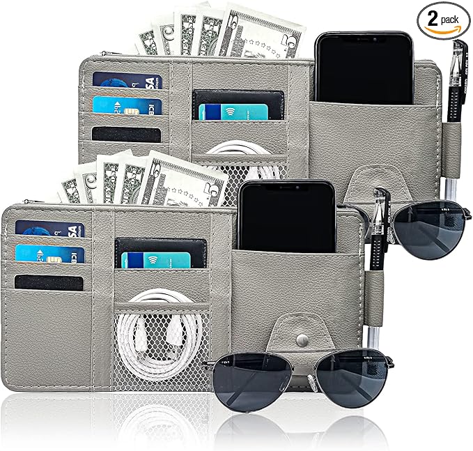 Keedolla 2Pcs Car Sun Visor Organizer with Zipper Pocket, Car Truck Visor Storage Pouch Holder Travel Auto Document Holder for Mobile Phone, Sunglasses, Card - Gray