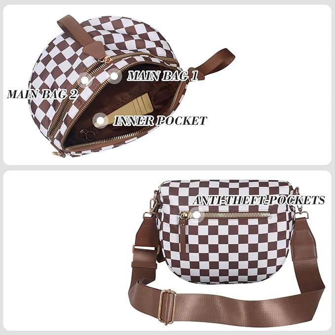 Checkered Crossbody Bags for Women, Spacious Sling & Stylish Bum Bag for Travel, Concerts, Festival, Nylon Fanny Pack Belt Bag (Colour Bum Bag-Brown Checkered)