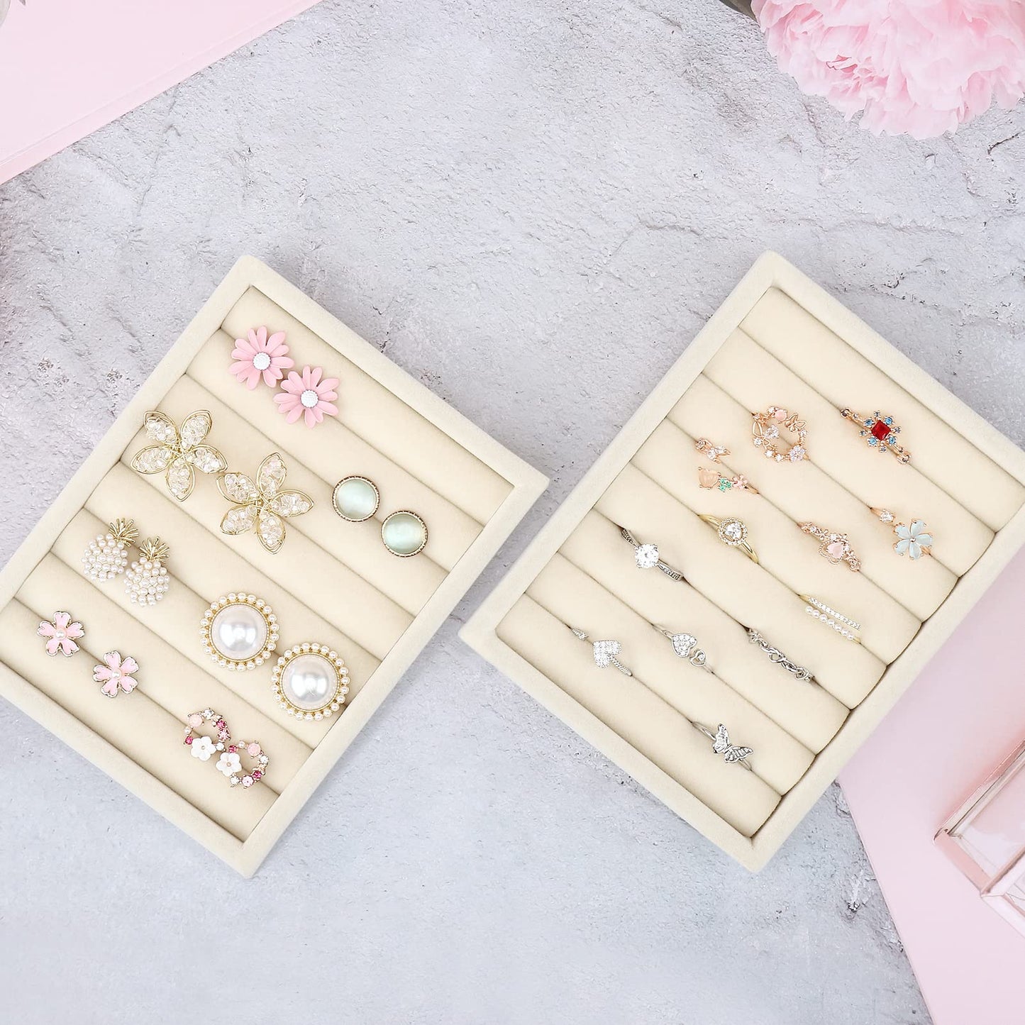 DesignSter Small Jewelry Tray-Ring Organizer 2PCS Premium Velvet Rings Earrings Display Tray Storage Insert Holder for Jewelry Box, Drawer, Dresser (8 Slots, Beige)