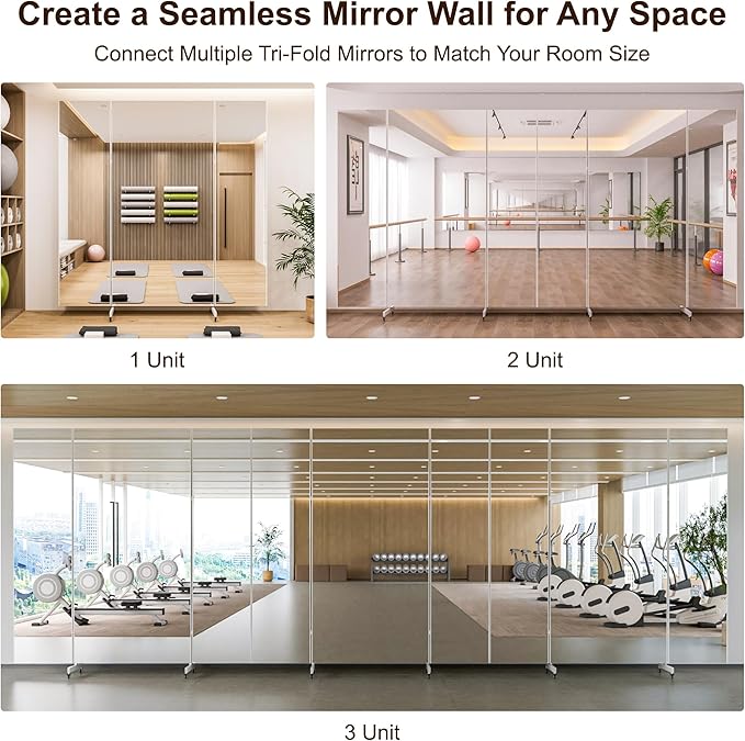 Brisafe 81" x 95" Extra Large Full Length Tri-Fold Mirror on Wheels, Stand Up Movable Floor Mirror with Stand, 3-Way Folding Standing Mirror for Gym, Dance Studio, Fitness Room & Home, White