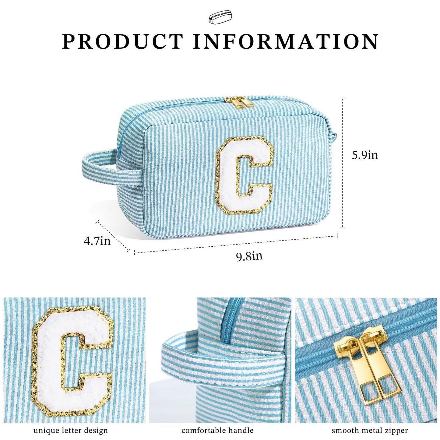 YOOLIFE Initial Makeup Bag - Personalized Cute Blue Makeup Bags, Girls Makeup Toiletry Bag Pouch, Makeup Case for Women Friend Female Sister, Birthday Gifts for Women R