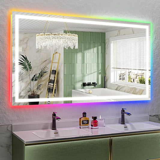 72x40 Inch RGB LED Bathroom Mirror Front Light and RGB Backlit Lighted Vanity Mirror for Bathroom Wall Mounted Dimmable Anti Fog Memory Shatter-Proof IP54 Waterproof Horizontal/Vertical