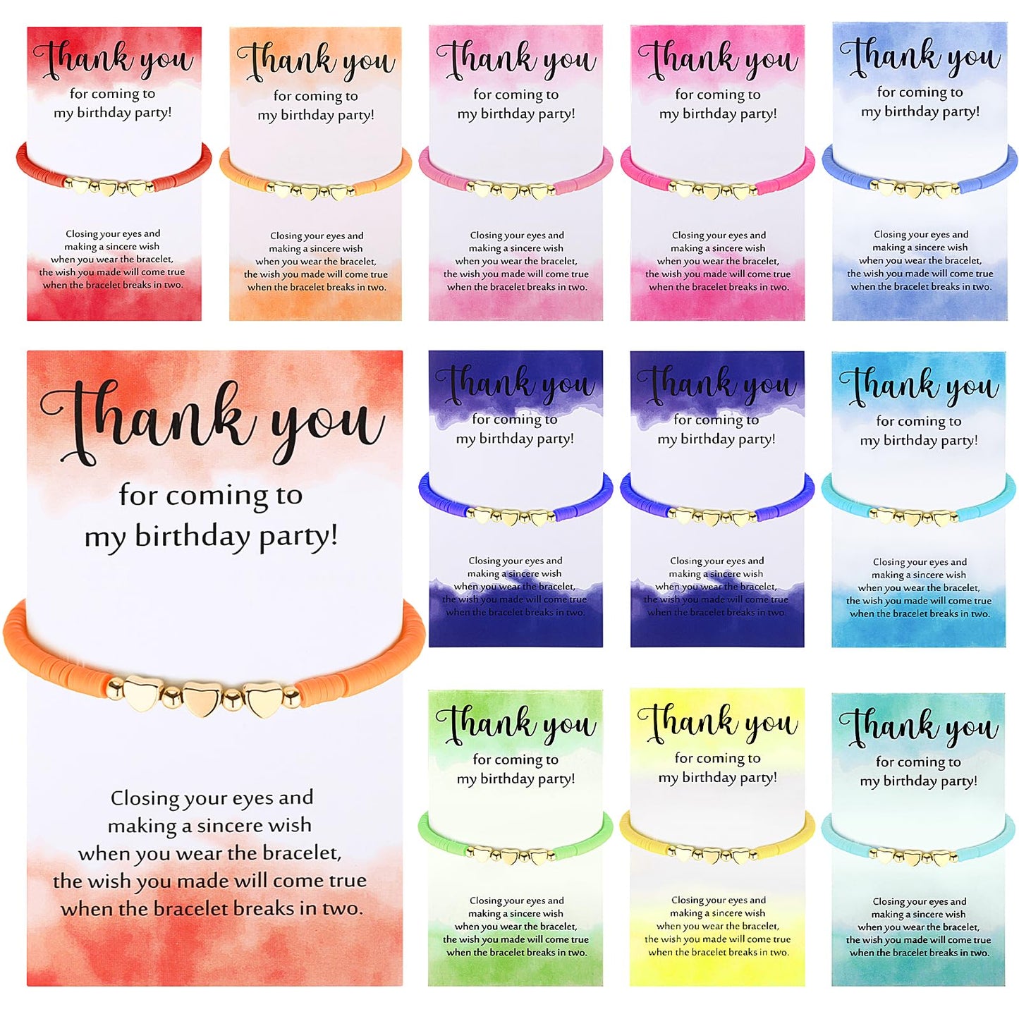 Huquary 12 Sets Birthday Bracelets Sets for Guest Colorful Clay Beaded Heart Bracelet Thank You Gifts Happy Birthday Bracelets