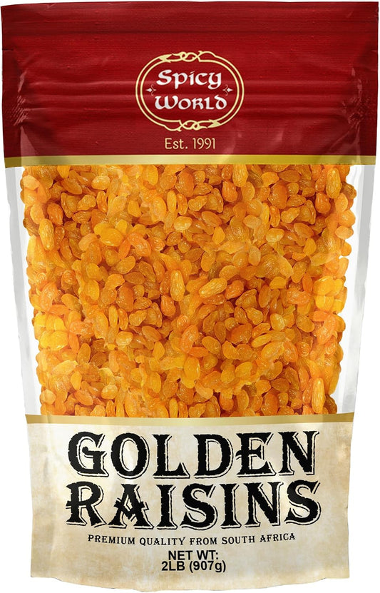 Spicy World Golden Raisins 2 LB Bulk Bag - Sweet & Seedless Sultanas from South Africa | | Perfectly Dried for Natural Sweetness | Ideal Dried Fruit Snack | For Baking & More | No Added Sugar