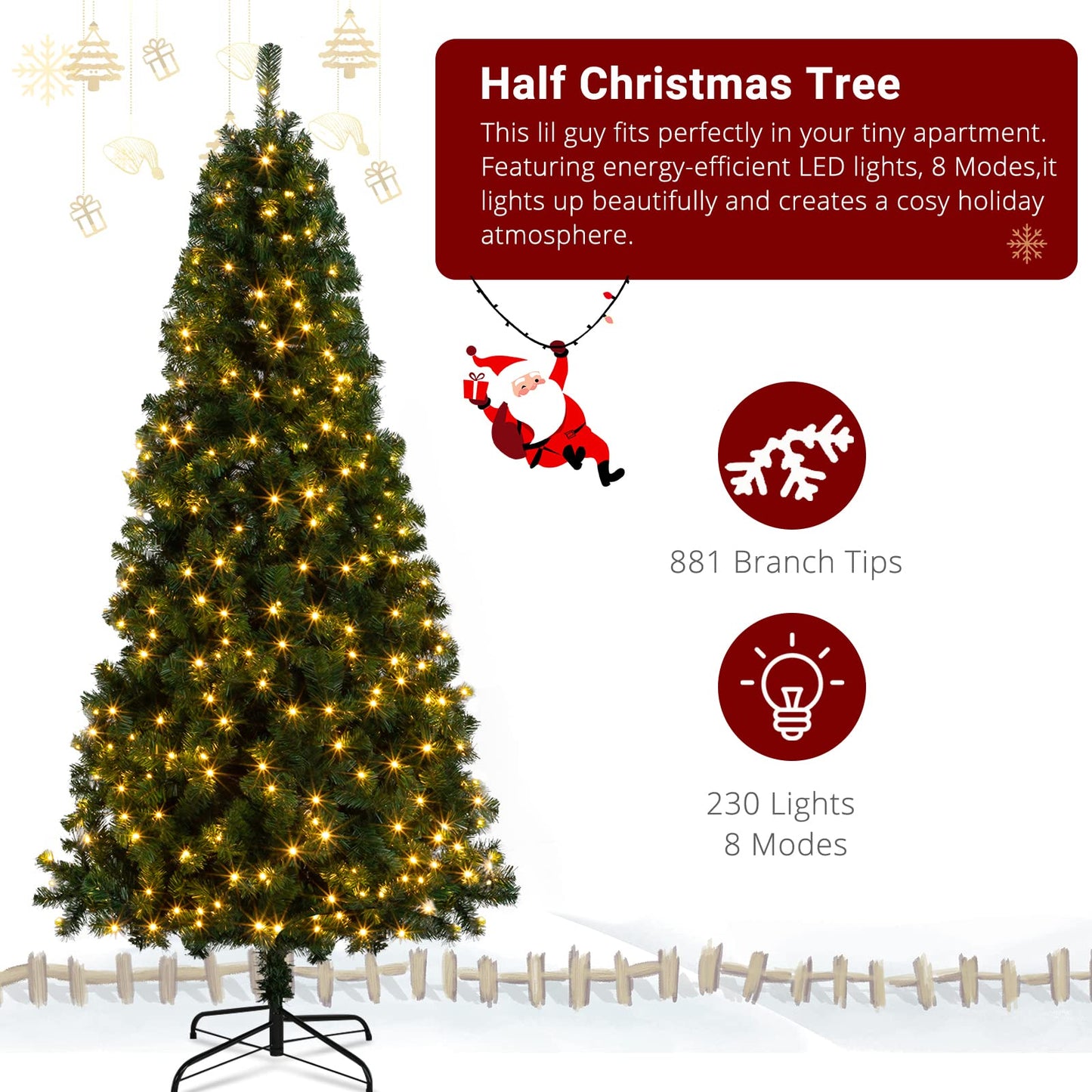VINGLI 7ft Prelit Christmas Tree, Half Xmas Tree w/230 Warm Lights, 881 Branches Tips, Artificial Christmas Tree Perfect for Holiday, Party Unique Shape Decor