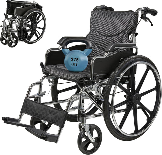 Self-Propelled Wheelchairs for Adults, Foldable Manual Wheelchair with 20"W x 15"D Seat, Wheel chairs for Adults with Dual Locking Brakes & Cushion, 275 Lbs Capacity, 24" Quick Release Wheels, Silver