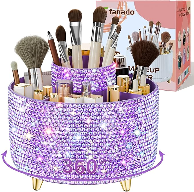 Bling 360Â° Rotate Makeup Brush Holder Organizer, Makeup Organizers Countertop, Makeup organization and Skincare Storage for Vanity, Gift for Women Girls (Bling dz-Purple)
