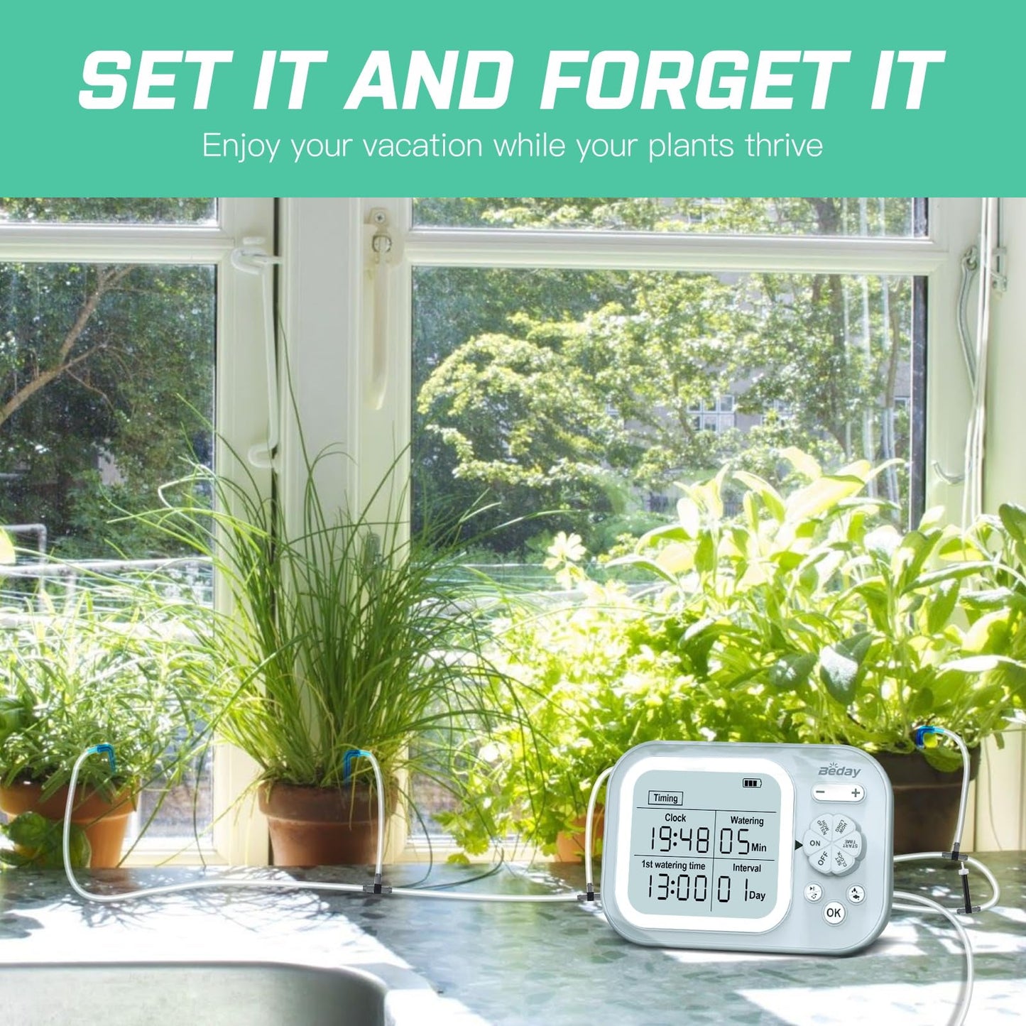 Automatic Plant Waterer Indoor Self Watering System for 15 Potted Plants, Auto Drip Irrigation Kit Programmable Water Timer with Smart Humidity Detection, Blue