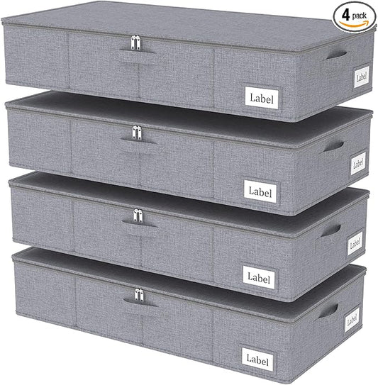 Yawinhe Foldable Underbed Storage Bags, Containers Bin with Lids, Large Under Bed Organizer Box, with Sturdy Zipper und Label Holders, for Clothing, 31.5''Lx15.7''Wx6''H, 4 Pack, Grey