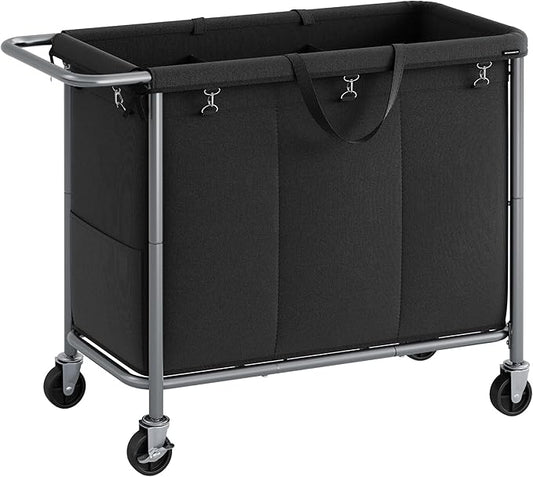SONGMICS Laundry Basket with Wheels, 3-Section Rolling Laundry Hamper, 52.8 Gallons (200 L), Removable Liner, Steel Frame with Handle, 35.8 x 15.4 x 31.9 Inches, Ink Black URLS005B01
