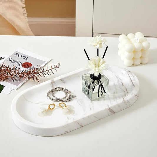 Denique Natural Marble Bathroom Tray, 12"x6" Vanity Tray White Marble Decorative Tray, Countertop Organizer for Perfume & Candles, Jewelry Dish Ring Holder for Bathroom Counter, Vanity, Dresser
