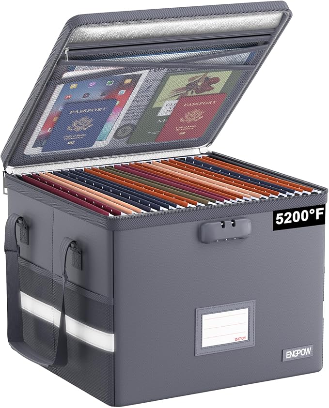 ENGPOW 5200Â°F File Box Fireproof Document Box with Lock,Heat Insulated Collapsible File Storage Organizer Box with Handle,Portable Home Office File Cabinet for Hanging Letter/Legal Size Folder, Gray