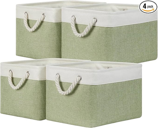 Temary Fabric Storage Baskets 4Pack Storage Bins Decorative Basket for Gift, Clothes Bin with Handles, Rectangle Baskets for Storage, Blankets(White&Green,15x11x9.5 inch)