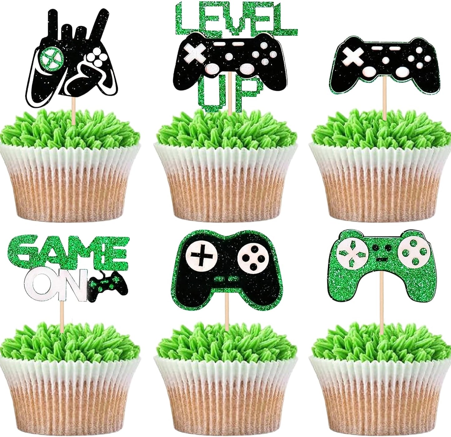 12 PCS Video Game Controllers Cupcake Toppers Glitter Black Green Cake Picks for Baby Shower Game Theme Birthday Party Cupcake Decorations Supplies