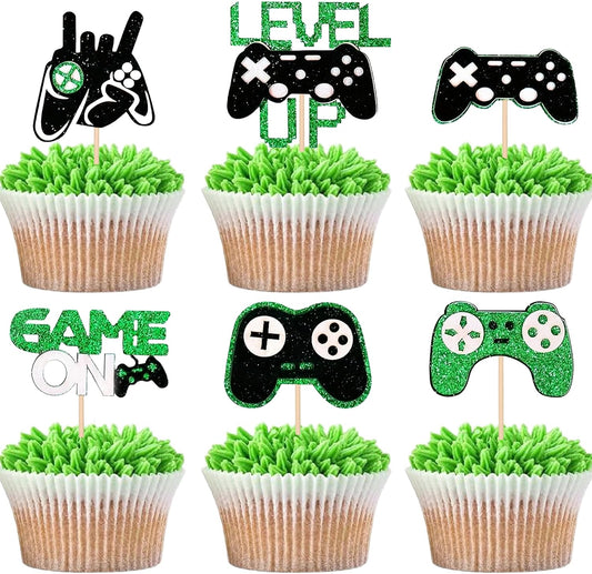12 PCS Video Game Controllers Cupcake Toppers Glitter Black Green Cake Picks for Baby Shower Game Theme Birthday Party Cupcake Decorations Supplies