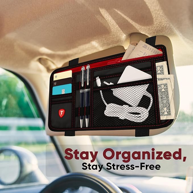 Firestone 1-Pack Car Sun Visor Organizer | 8 Compartment Car & Truck Visor Organizer with Holder & Slots for Sunglasses, License, Registration & More, Black Red