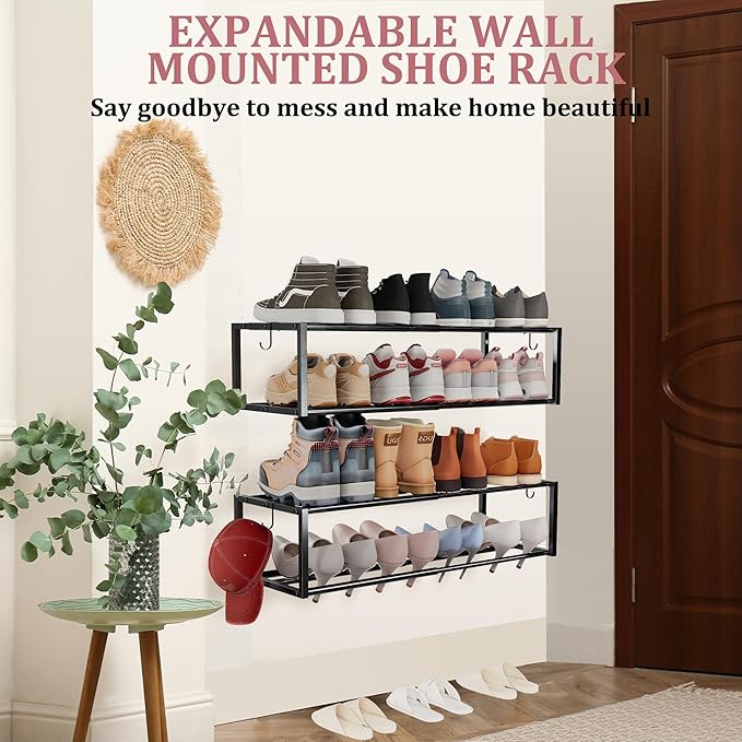 4 Pack Expandable Wall Mounted Shoe Rack, 17"-31" Adjustable Hanging Shoe Rack Holds 32 Pairs, Heavy Duty Metal Shoe Holder with 8 Storage Hooks, Space Saving for Entryway Closet Doorway（Black