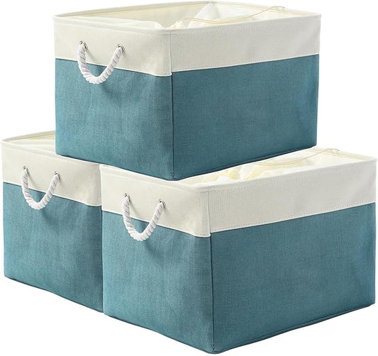 TheWarmHome Storage Bin for Shelves - Extra Jumbo 3 Pack 20.5LÃ15.7WÃ13.8H Storage Basket for Organizing, Fabrin Storage cubes with Drawstring Cover for Living Room Bedroom Decor Closetï¼White & Green