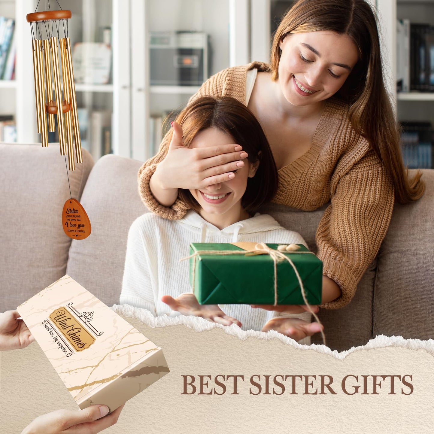 Sister Gifts Wind Chimes, Sister Birthday Gift, Gifts for Sisters on Mothers Day Christmas, Friendship Gift for Bestie Friends, 25.5''
