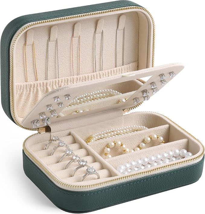 Genuine Leather Travel Jewelry Organizer Case with Mirror for Women, Small Mini Portable Jewelry Box for Ring Earrings Necklace Bracelet Luxury Gift for Womenï¼Dark Greenï¼