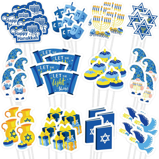 Whaline 48Pcs Happy Hanukkah Cupcake Topper Menorah Star Gnome Cupcake Picks Blue Chanukah Food Picks for Cake Decoration Party Supplies