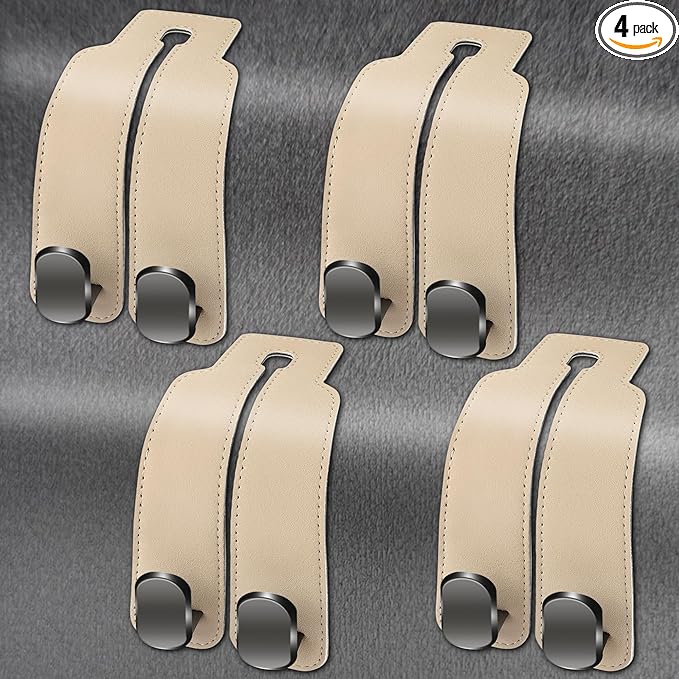 Amelity Car Seat Hooks, Car Seat Back Storage Hook, Purse Hanger for Car, Car Bag Hooks (Beige-4 Pack)