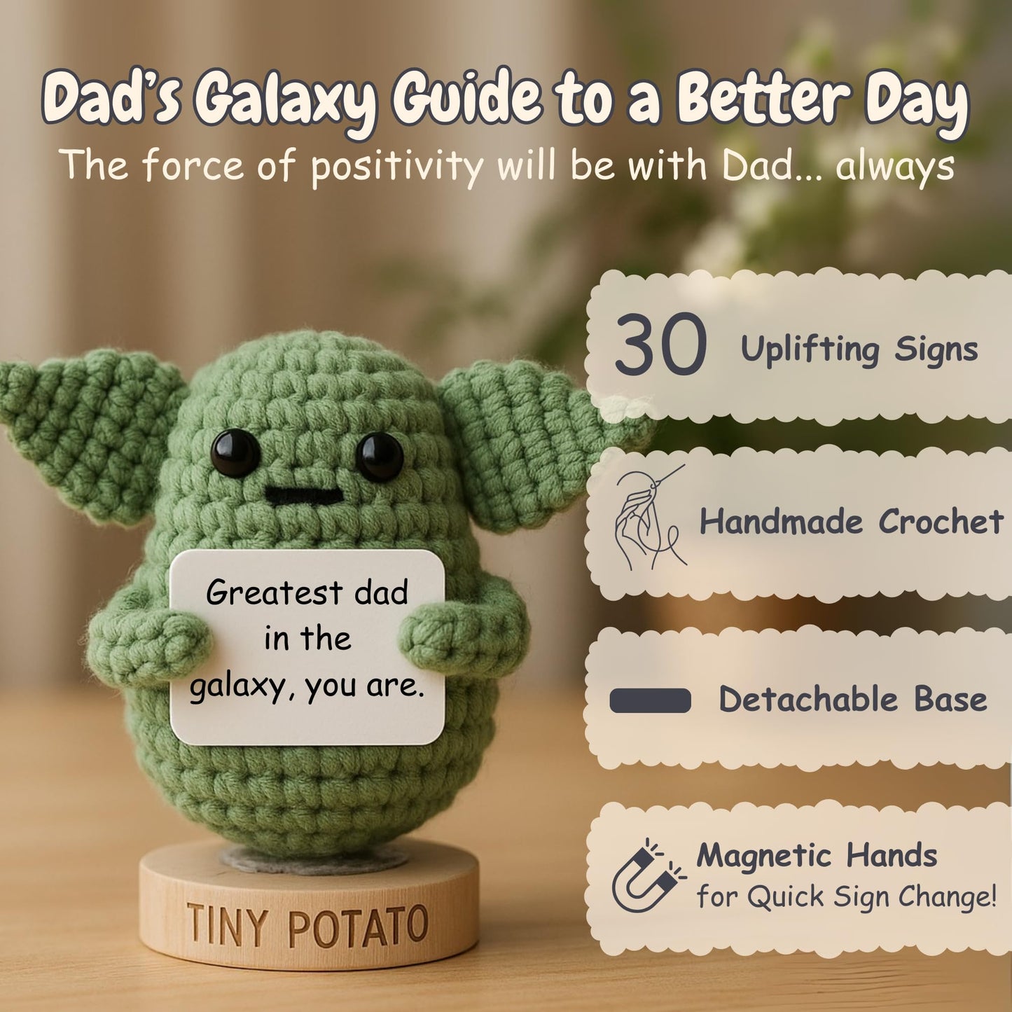 Dad Gifts From Son Daughter - Handmade Baby Yoda Positive Crochet with 30 Funny Signs - Yoda Best Dad Ever Birthday Gift for Husband, Stepdad, Friend - Funny Birthday Presents