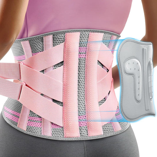 Rakiie Back Brace for Lower Back Pain Women with 9X Support System, Ergonomic Lumbar Support for Pain Relief, Breathable Mesh Design with 3D Silicone Pad for Sciatica, Pink Size S (Waist: 28.7"-35.8")