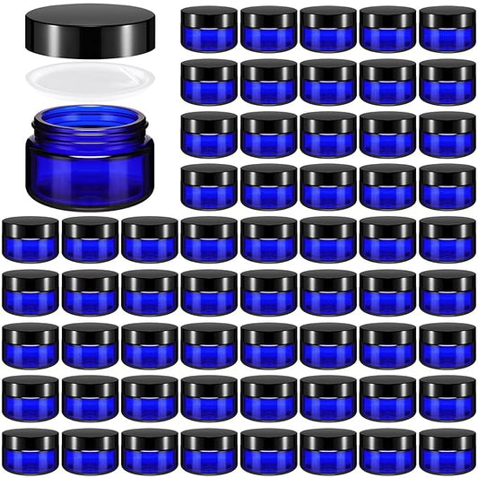 Domensi 60 Pcs 1oz Glass Jars with Lids Bulk Salve Tins Winter Cream Container Small Glass Candle Cosmetic Jars for Travel Lip Balm with Inner Liners for Lotion Sample Cream(Cobalt Blue, Black Lid)