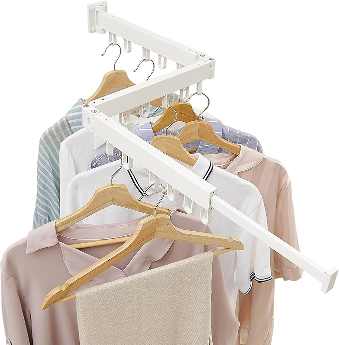 Clothes Drying Rack Wall Mounted, Laundry Drying Rack Collapsible, Space Saving Wall Drying Rack Clothing Foldable, Tri-Fold Retractable Rack Outdoor Indoor with 18 Hooks(Whiteï¼Loop-Shape Hooks)