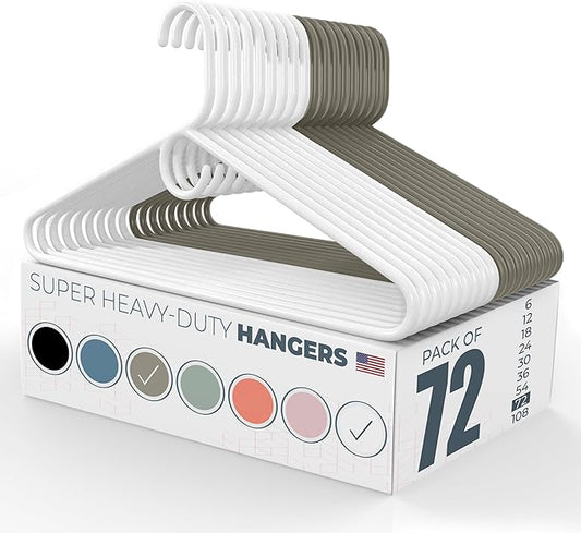 Neaties Super Heavy Duty Clothes Hangers 50+ Pack (72 Count) â Made in The USA - 10lb Capacity, Thick Plastic Hangers for Pants, Coats, Jackets, Jeans and Adult Clothing â White & Gray