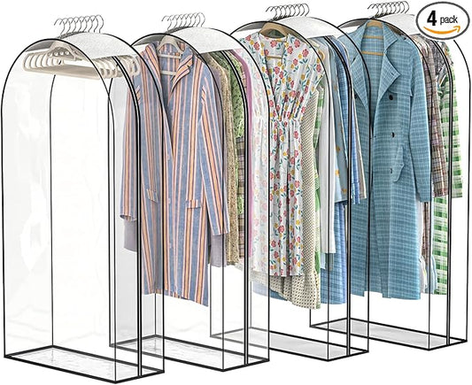 Upgraded Thickened Clear Garment Bags for Hanging Clothes 4 Packs, 10â Gusseted Clothes Hanging Storage Bags for Closet, Shirts, Coats, Dresses (60 inch)