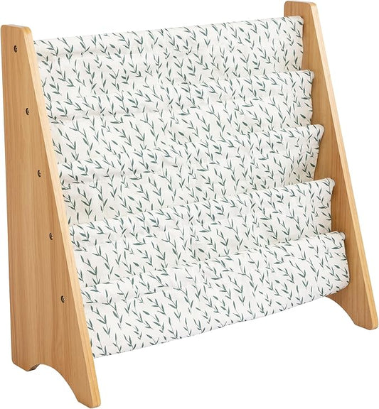 Humble Crew 4-Tier Kids Bookshelf, Natural/White/Green - Premium Book Shelf for Kids Rooms with Four Deep Pockets - Toddler Sling Book Rack with Deep Sleeves, Nursery Bookcase Organizer
