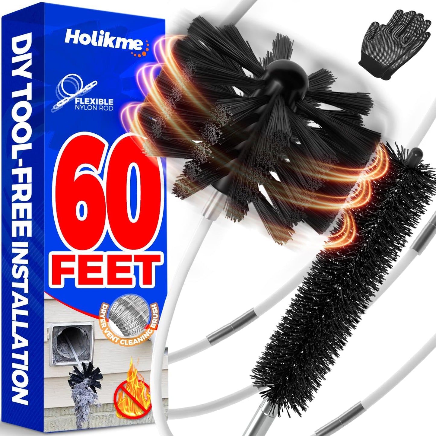 Holikme 60 Feet Dryer Vent Cleaner Kit,Lint Remover Flexible Brush and Drill Attachment Extends Up to 60Feet, 2 Synthetic Brush Head Use with or Without a Power Drill