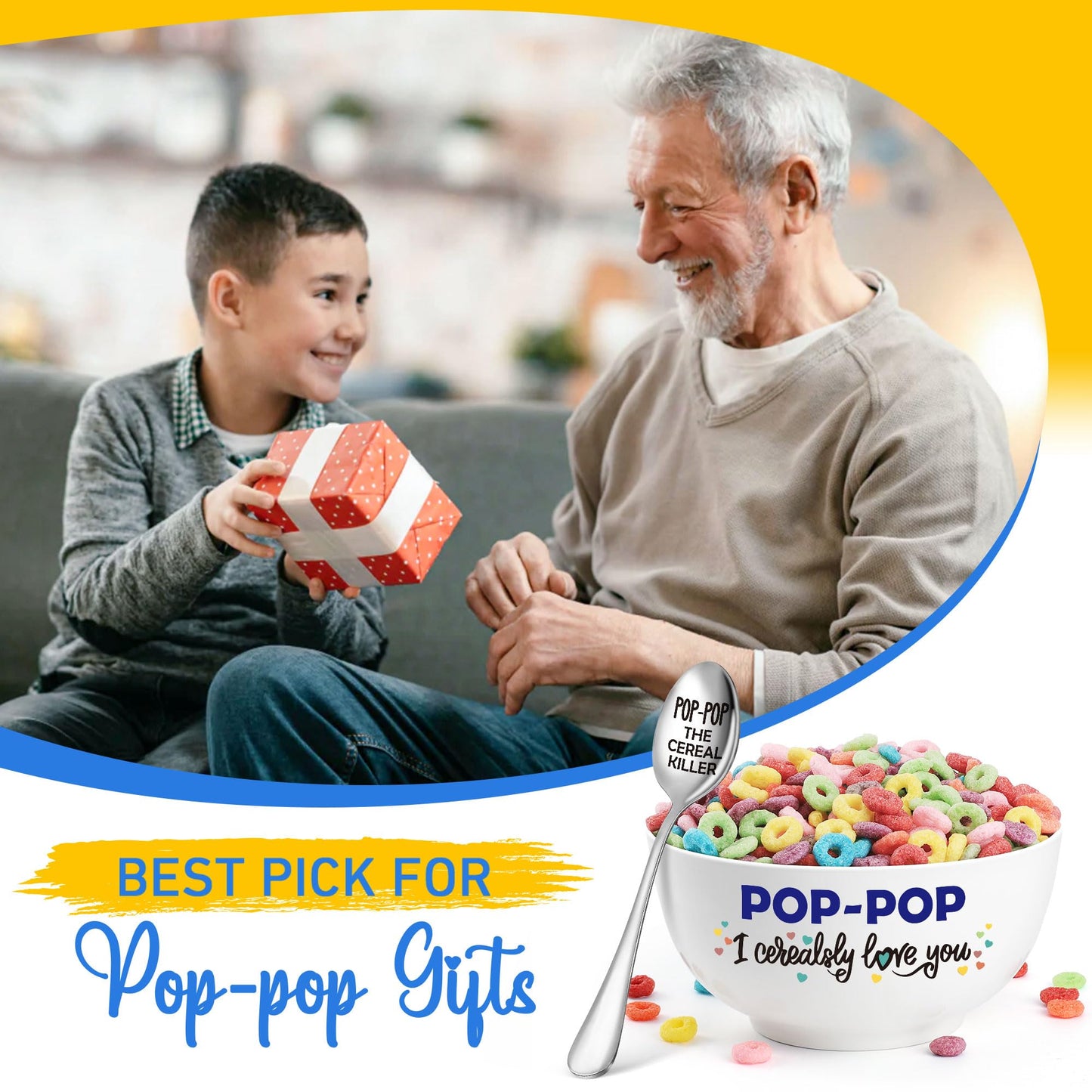 BackURyear Pop-Pop Gifts for Fathers Day, Funny Pop Pop Gifts for Grandpa Birthday from Grandkids Granddaughter, Ceramic Cereal Bowl Presents, POP-POP I Cerealsly Love You