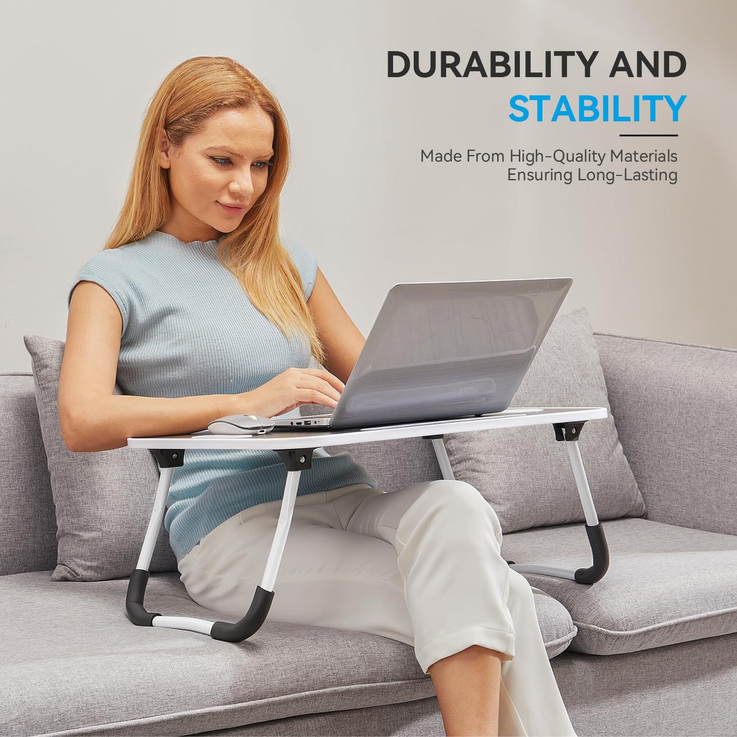 BUYIFY Foldable Lap Desk for Laptop & Writing - 23 inch Bed Tray Table with Cup Holder & Tablet Slot - Portable Notebook Stand for Eating, Sofa, Couch & WFH Students (Black)