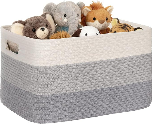 86L Extra Large Laundry Basket with Leather Handles for Living Room Storage, Woven Rope Baskets for Blanket, Kids Toy, Gifts, Wicker Hamper for Bedroom Dirty Clothes, 24"x16"x14" Gradient Grey