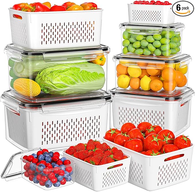6 PCS Fruit Storage Containers for Fridge with 6 Removable Colanders, BPA Free Fruit Containers for Fridge, Dishwasher & Microwave Safe Produce Containers Keep Fruits, Vegetable, Berry Fresh Longer
