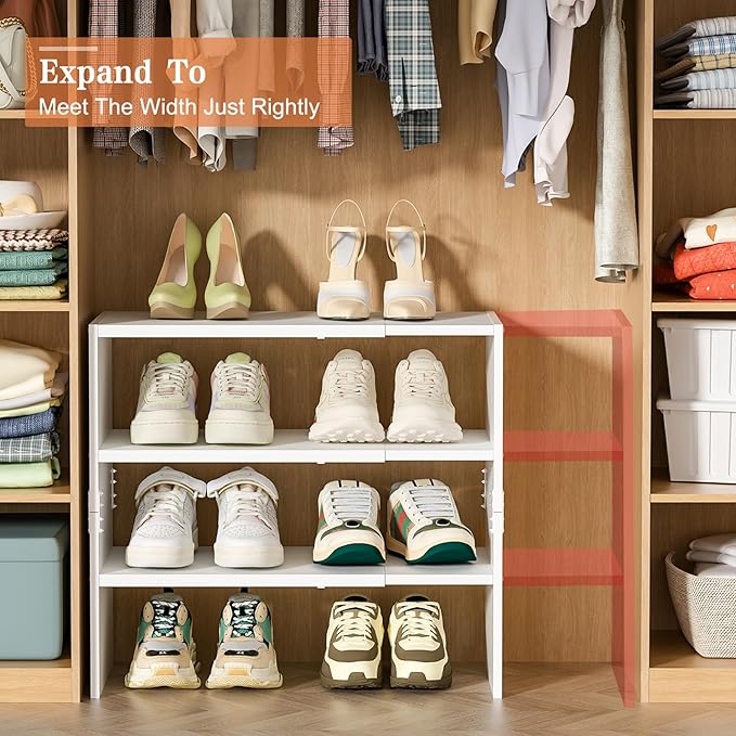 White Shoe Rack Organizer for Closet, 3-Tier Expandable Shoe Shelf, Stackable Iron Wood Combination Shoe Racks Shelves for Closets, Entryway,Small Space,Hallway,Garage,Holds 8-16 Pairs of Shoes