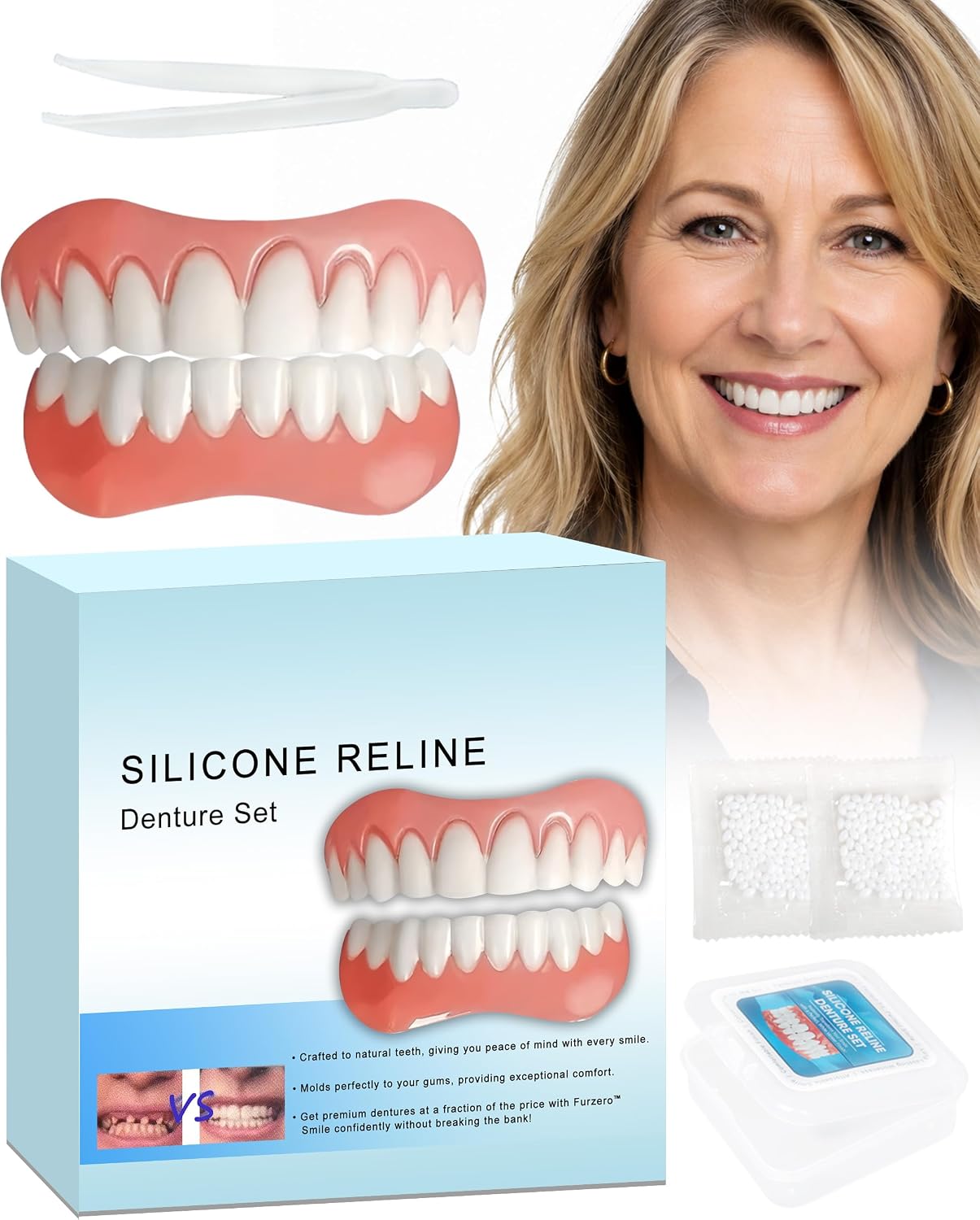 Moldable Silicone Dentures for Women & Men, Natural Cosmetic False Teeth Veneers, Upper & Lower Temporary Custom‑Fit Denture Set, Quick Easy Wear for Daily & Party Occasions