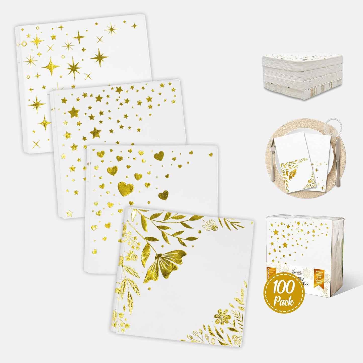 Decorably 3-Ply 100 Pack Disposable Foiled White and Gold Dessert Napkins - 5x5in Folded Square, for Cocktail, Beverage, Appetizers, Dinner, Tea & Garden Party, Bridal & Baby Shower, Birthday, Wedding